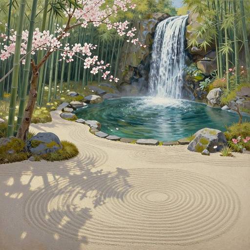Digital painting of a serene Japanese garden with a cascading waterfall, raked sand circles, cherry blossoms, bamboo, and a peaceful pond.