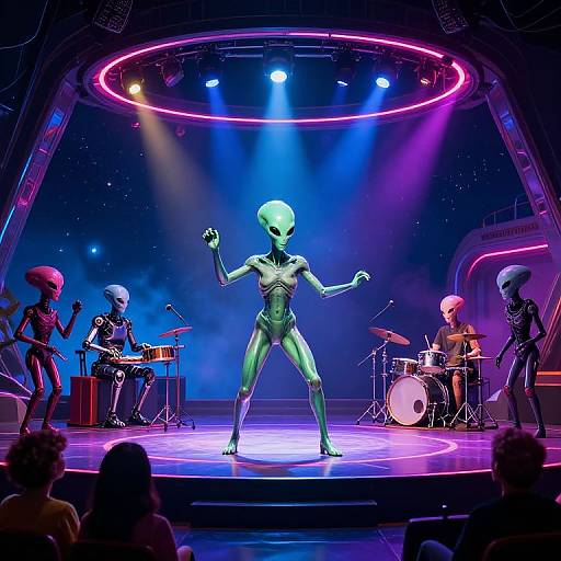 Photograph of an alien-themed rock band performing on a neon-lit stage with five green-skinned, bald-headed extraterrestrial musicians.