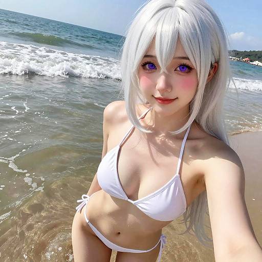 Radiant Beach Selfie with White Hair