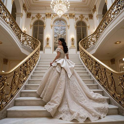 Photograph of a woman with long black hair in an elaborate, off-the-shoulder, ivory lace and satin ball gown, ascending grand, orn