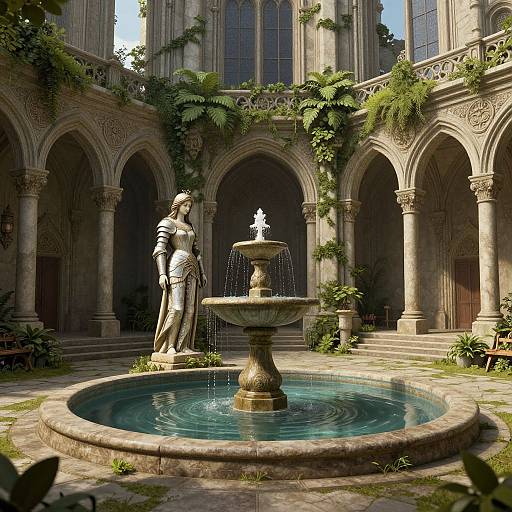 Photorealistic digital image of a medieval courtyard with a stone statue of a knight beside a central fountain, surrounded by arched columns and lush greenery