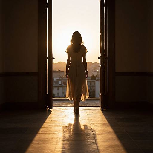 Silhouetted woman in a dress walks through open doors at sunset, casting a shadow on the tiled floor. Bright sunlight behind.