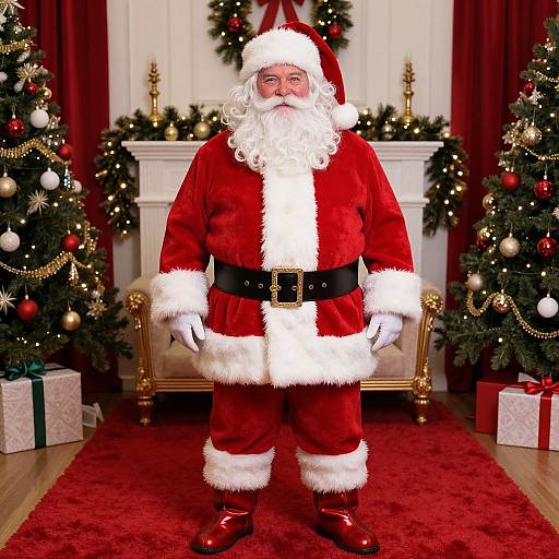 Photograph of a Santa Claus with white beard and mustache, red suit with white trim, black belt, standing between two Christmas trees in a festive