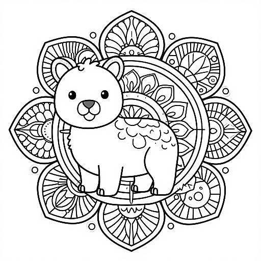 Black and white line drawing of a cute, cartoon-style bear surrounded by intricate, circular patterns and abstract shapes.