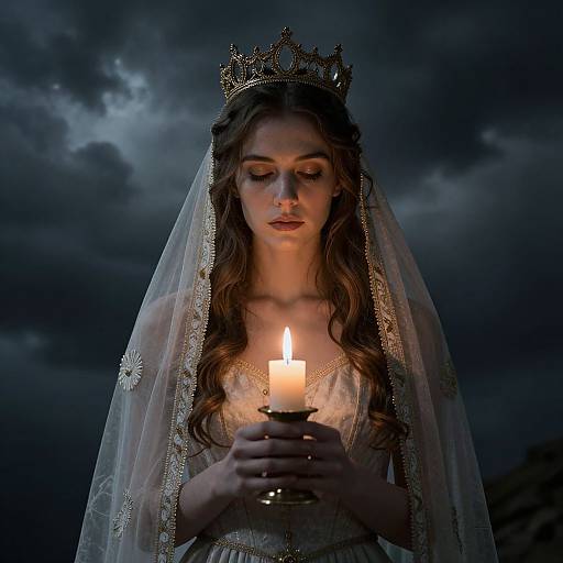 Photograph of a solemn, long-haired woman in a crown and lace veil, holding a lit candle, against a dark, stormy sky.