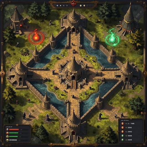 Top-down digital fantasy game screenshot: intricate, medieval castle with four water pools, torches, green and red magical orbs, detailed terrain, and small