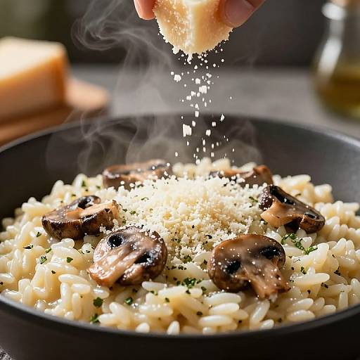 Photograph of a black skillet filled with creamy pasta, topped with grilled mushrooms, grated cheese, and sprinkled with pepper, being dusted with grated