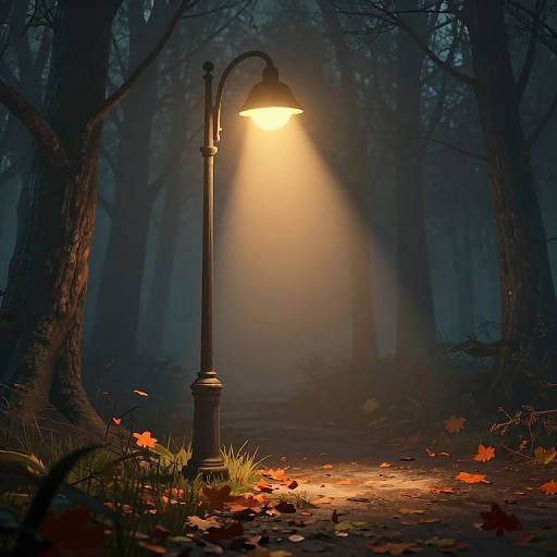Eerie Autumn Forest Streetlamp Scene