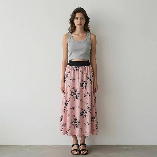 Young Woman in Gray Crop Tank and Pink Floral Skirt