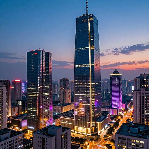 Photograph of a cityscape at dusk, featuring illuminated skyscrapers with colorful lights, including a tall central building, against a blue and pink sunset