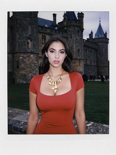 Photograph of a brunette woman with fair skin, wearing a red dress and gold necklace, standing in front of a Gothic castle.