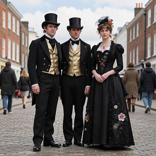 Photograph of three Victorian-era dressed individuals—two men in black suits and top hats with gold vests, one woman in a black floral dress and hat