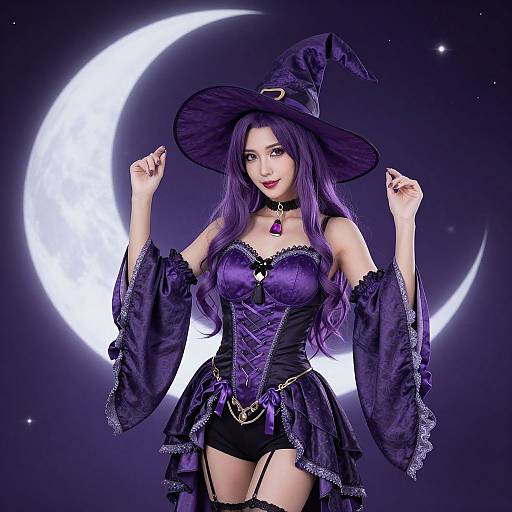 Digital illustration of a sexy, purple-haired witch in a revealing, lace-trimmed purple corset, black skirt, and hat, with a cres