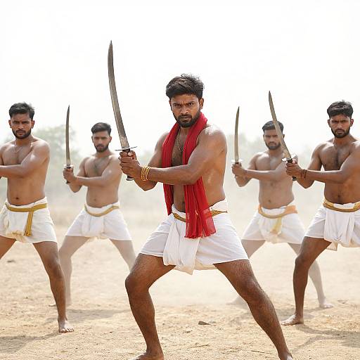 Photograph of four muscular Indian men, shirtless, wearing white dhotis and gold waistbands, with red scarves, wielding curved knives in