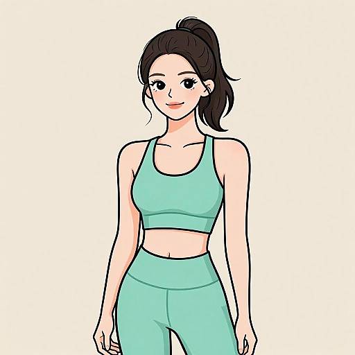 Digital anime-style drawing of a young woman with fair skin, black hair in a ponytail, wearing a teal sports bra and matching leggings, standing against