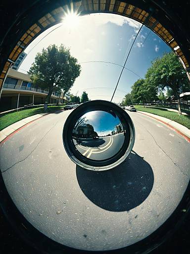 Urban street reflected in convex mirror
