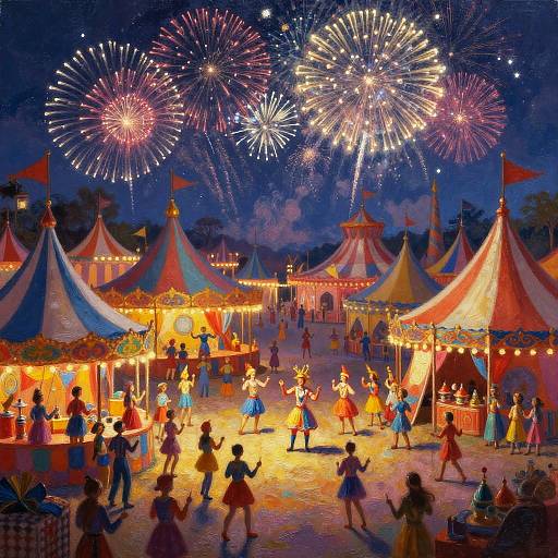 Colorful nighttime carnival with vibrant fireworks, circus tents, and children in bright dresses dancing on a lit-up, festive midway.