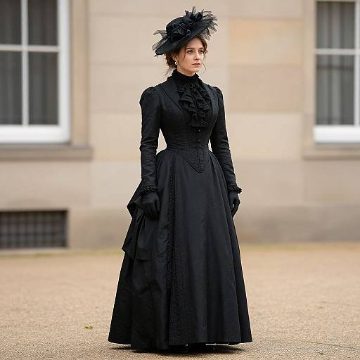 Photograph of a poised woman in a Victorian-style black dress with ruffles, long gloves, and a feathered hat, standing in front of a