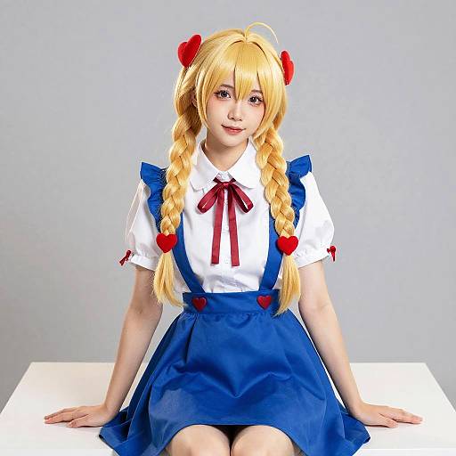 Photograph of a blonde anime cosplayer with twin braids, red heart hairpins, blue dress, white shirt, and red bow, sitting on