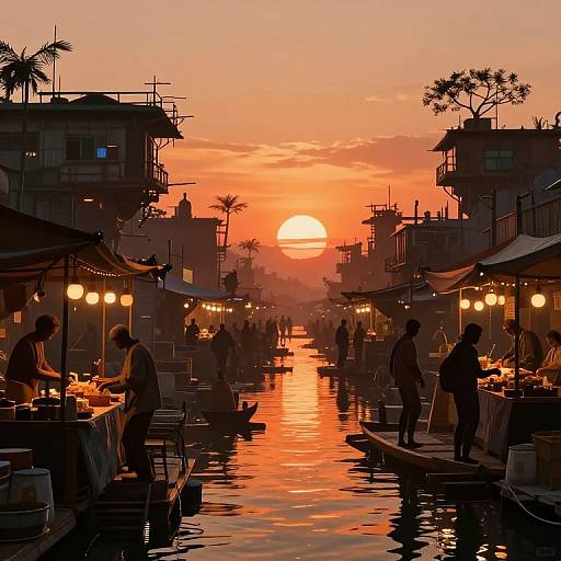 Photograph of a vibrant sunset over a silhouetted floating market, with people dining under warm lights, palm trees, and orange sky reflections on