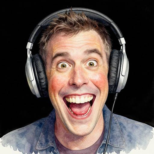 Photograph of a startled man with wide eyes, open mouth, and big smile, wearing large headphones and a blue denim shirt, against a black background