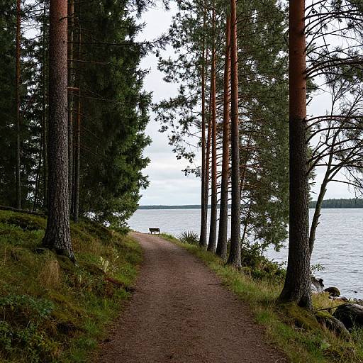 Photograph of a serene, tree-lined dirt path leading to a calm lake, with a small bench visible in the distance.