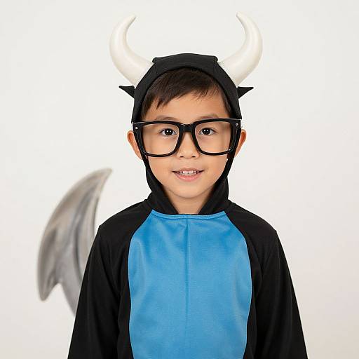 Photograph of a young boy with light skin, black-framed glasses, and black devil costume with blue center, white horns, and gray wings,