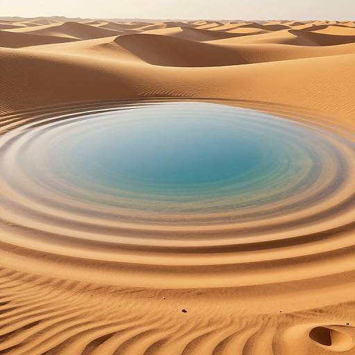 Photograph of a desert oasis with a circular, rippling water pool reflecting clear blue sky, surrounded by undulating, sunlit orange sand dunes
