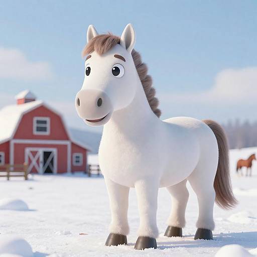 Cartoon White Horse in Snowy Farmyard