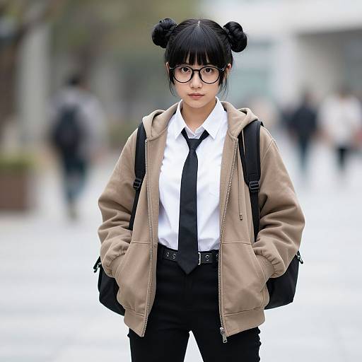 Photograph of an Asian woman with black double buns, glasses, white shirt, black tie, beige jacket, black pants, backpack, standing in