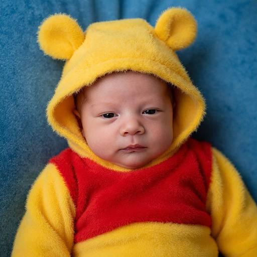 Photograph of a baby with light skin, wearing a yellow fuzzy Winnie the Pooh hooded onesie with a red front, against a blue