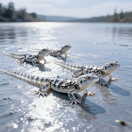 Photograph of two striped lizards with sparkling silver scales standing on a sunlit, reflective wet surface, with a blurred, bright background.