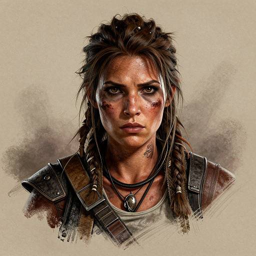 Digital painting of a fierce, dirty-faced woman with braided brown hair, wearing rugged armor and a necklace, against a textured beige background.