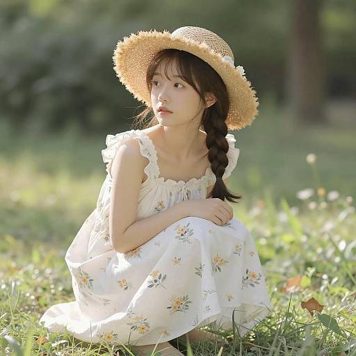 Thoughtful Girl in Floral Dress Outdoors