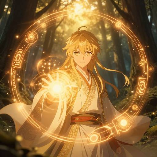 Anime-style digital illustration of a blonde-haired, yellow-eyed mage in a white, ornate kimono casting a glowing, circular magical spell in a dark