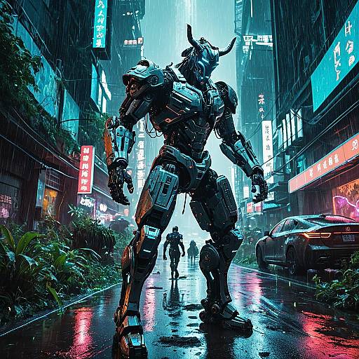 Ancient Robotic Centaur in Neon Rain