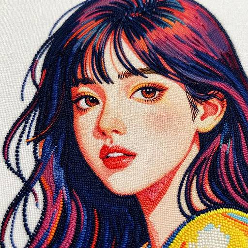 Digital pop art portrait of a young Asian woman with long, dark red and blue hair, red lips, and yellow top, featuring bold colors and dot
