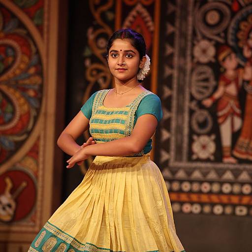 Photograph of a South Indian woman in a turquoise blouse and yellow saree, adorned with a white flower in her dark hair, standing confidently on a