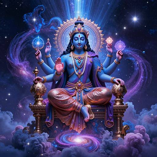 Digital artwork of blue-skinned, multi-armed Hindu deity with crown, holding magical orbs, seated on golden throne amidst cosmic clouds and stars.