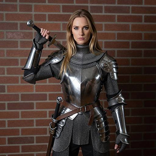 Photograph of a blonde woman in shiny, medieval-style silver armor, holding a sword over her shoulder, standing against a brick wall.