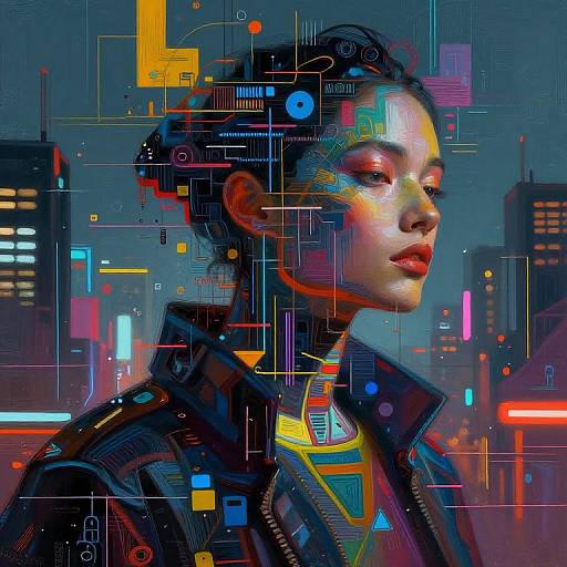 Digital art of a cyberpunk woman with glowing makeup, neon cityscape background, futuristic interface overlay, dark jacket, and confident expression.