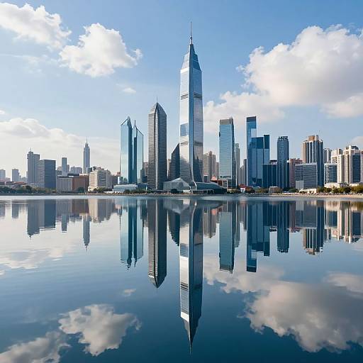 Photograph of a modern city skyline with tall, reflective skyscrapers mirrored in a calm, cloud-reflecting water surface under a bright blue sky