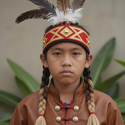 Boy in Traditional Feathered Headpiece and Leather Shirt