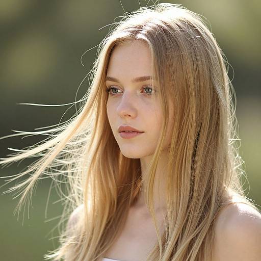 Photograph of a young, fair-skinned woman with long, straight blonde hair, illuminated by sunlight, looking slightly to the left, with a blurred