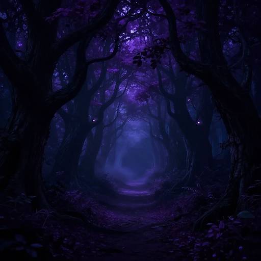 Photograph of a mystical, dark forest path illuminated by eerie purple and blue lights, with twisted, shadowy trees arching overhead.