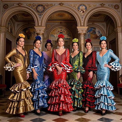Photograph of seven women in vibrant, ruffled flamenco dresses, standing in an ornate, arched, classical interior with intricate ceiling art.