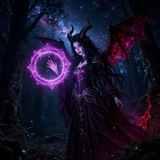 Digital fantasy artwork of a dark-haired demon woman with horns, glowing purple ring, red wings, and intricate black dress in a starry forest.