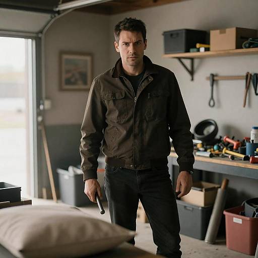 Intense Man in Cluttered Garage