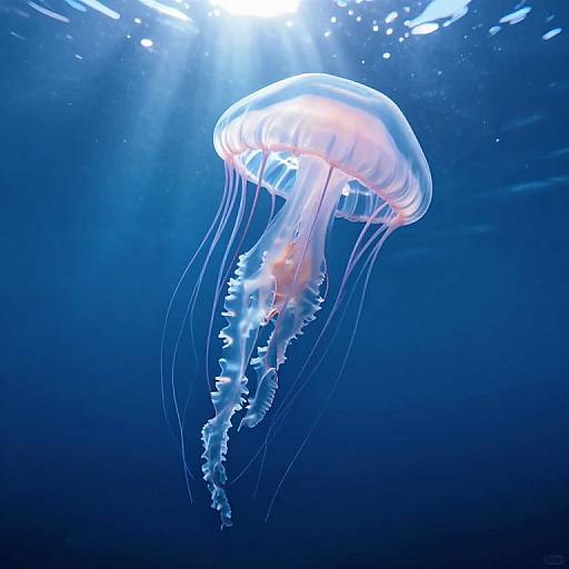 Photograph of a glowing, translucent jellyfish with long, flowing tentacles, illuminated by sunlight filtering through deep blue underwater.