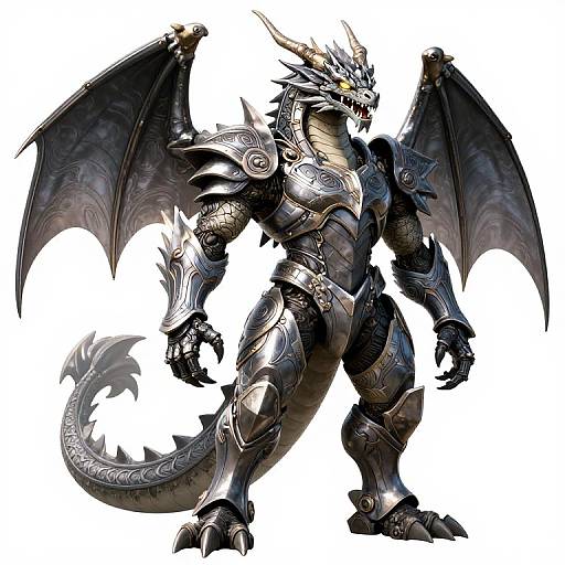 Digital artwork of a towering, armored dragon warrior with dark, intricately patterned scales, sharp horns, and large black wings, standing confidently against a